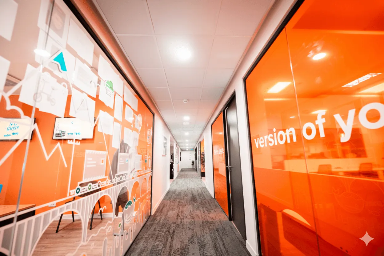 Couloir moderne aux couleurs orange du siège social du groupe Positive avec des vitres décorées de graphismes.