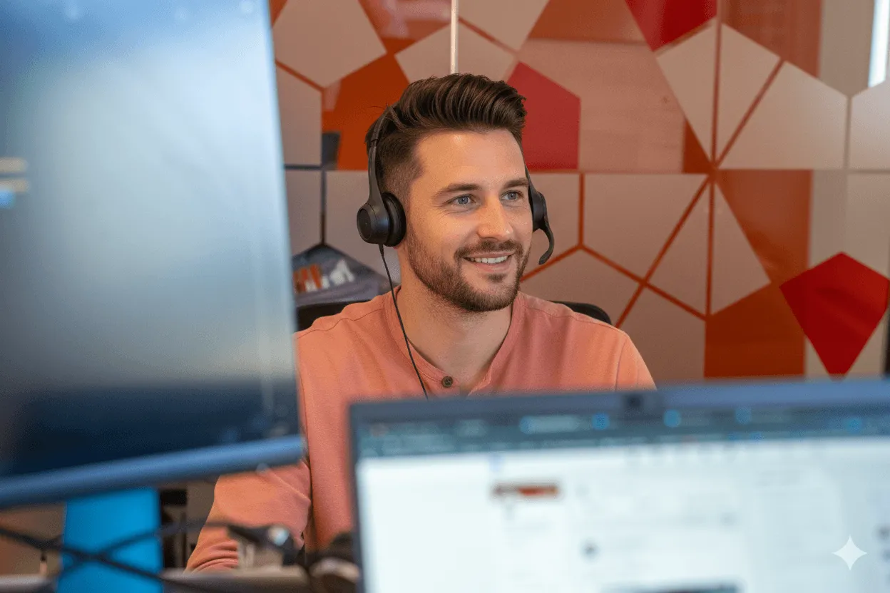 Un conseiller du groupe Positive avec un casque audio, souriant face à son ordinateur pour l'accompagnement des partenaires.