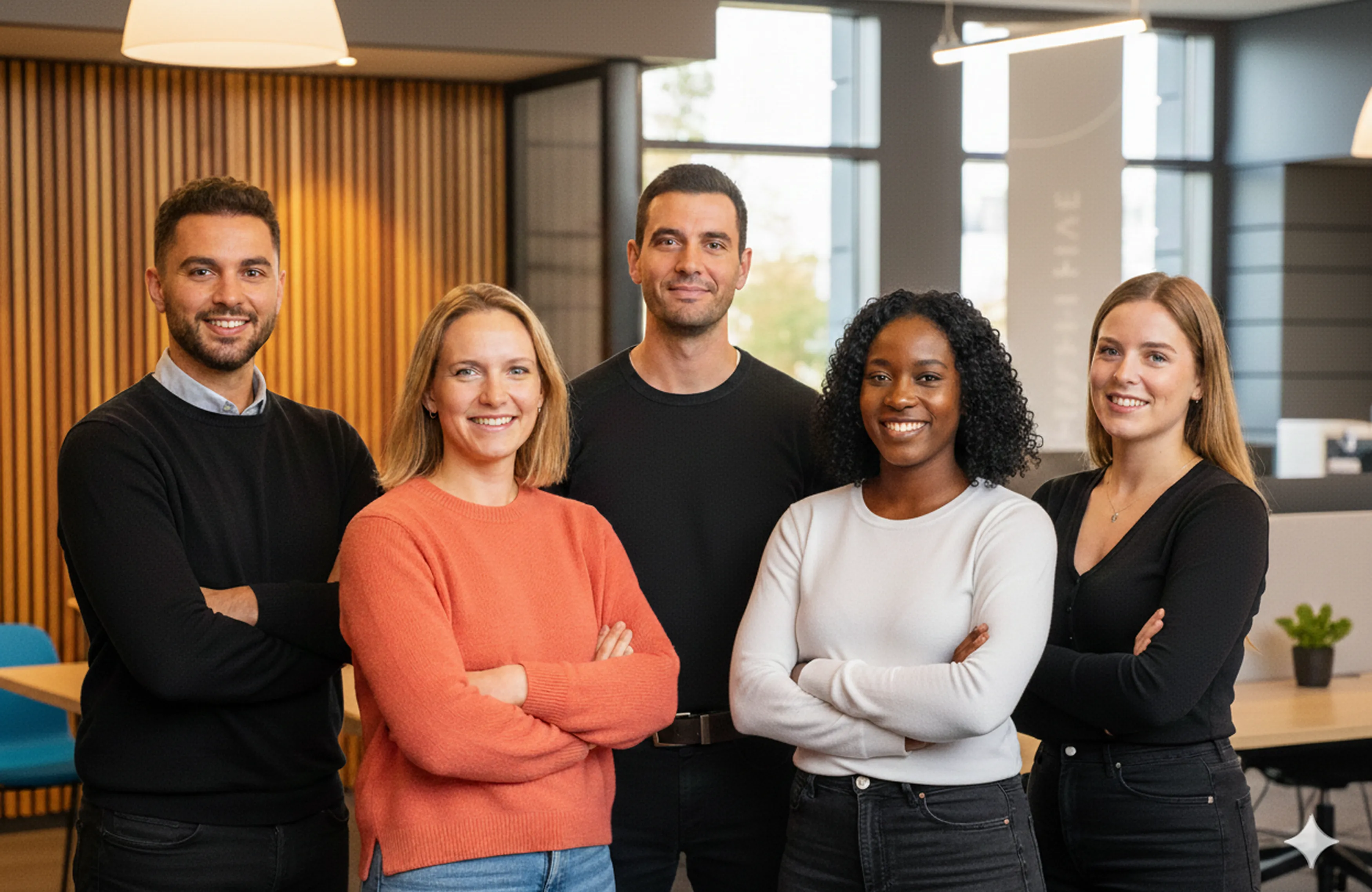 Portrait d'une équipe pluridisciplinaire du groupe Positive souriante dans des bureaux modernes.