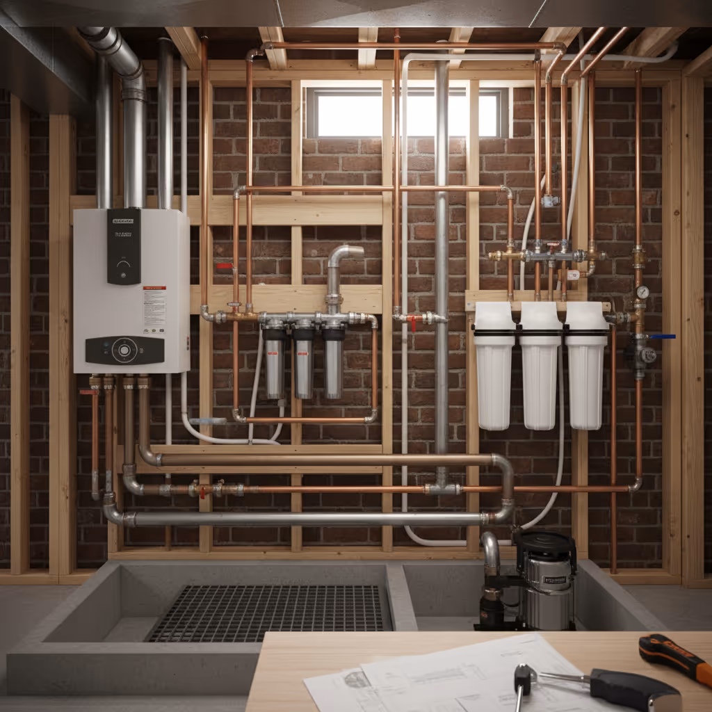 Basement wall with complex plumbing system including pipes, water filtration units, and a water heater on a brick and wood frame background.