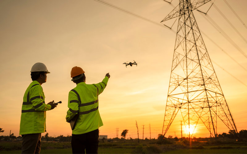 two workers with drone