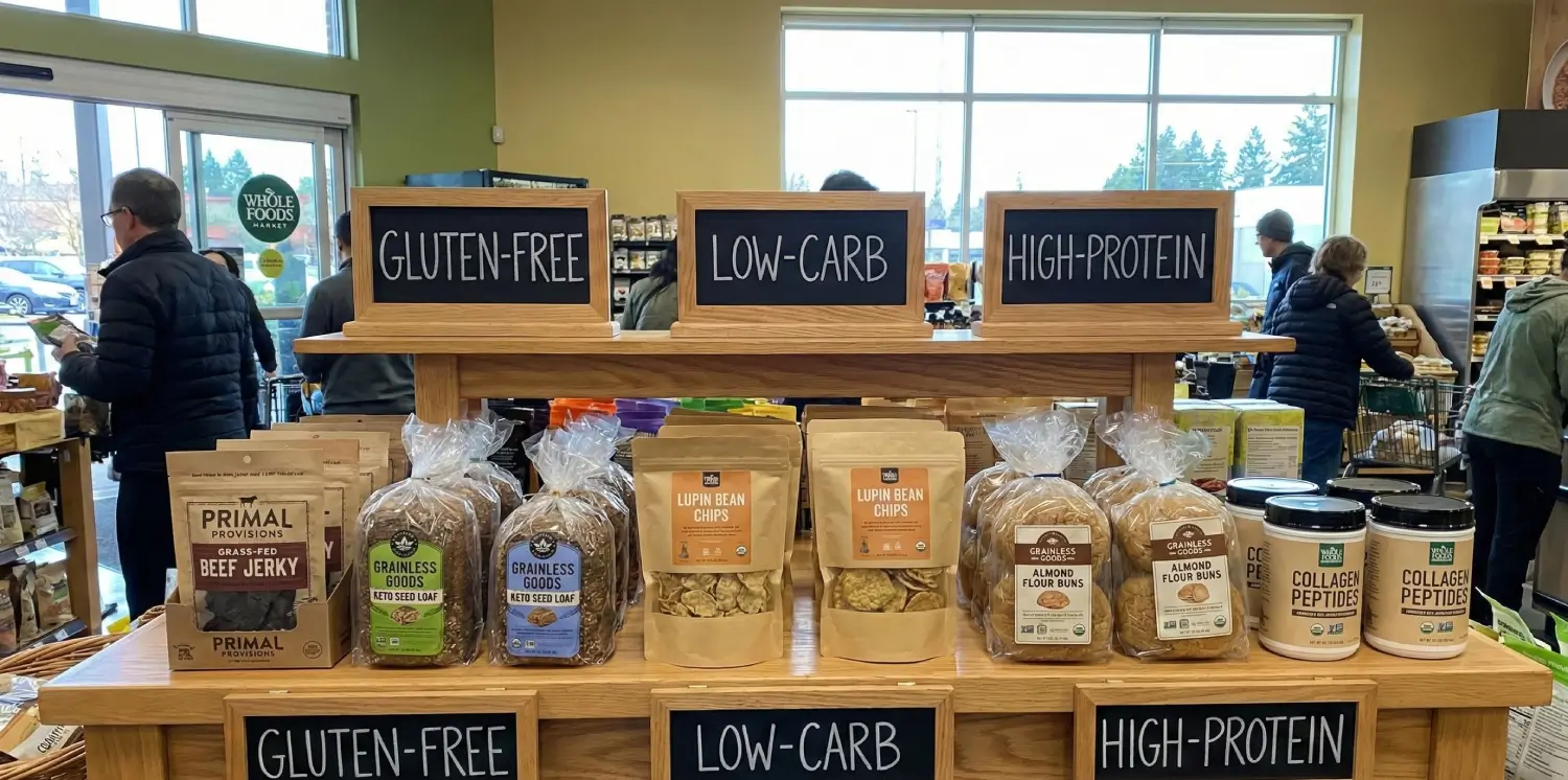 A Whole Foods display table featuring gluten-free, low-carb, and high-protein snacks like bean chips and collagen, with shoppers visible in the background.