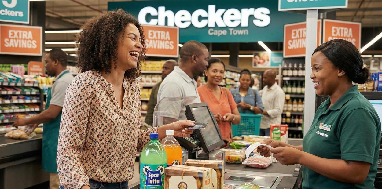 Smiling shopper and cashier at a Checkers grocery store checkout in South Africa buying Ouma Rusks.