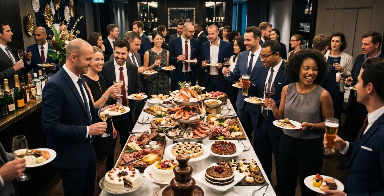Diverse business colleagues celebrating at a corporate year-end party in South Africa, enjoying a lavish spread of indulgent desserts, rich foods, and alcohol.