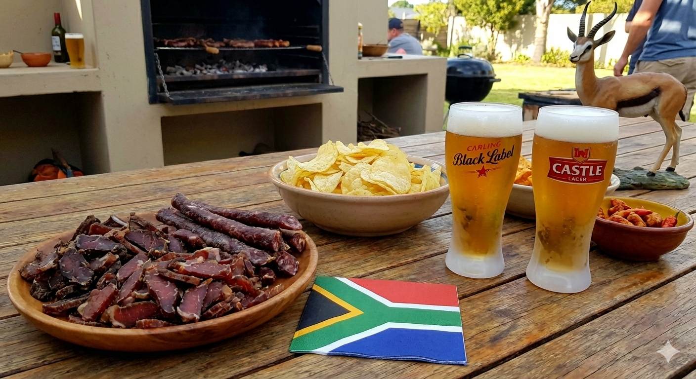 Braai meat and beers on the table of a gathering in South Africa