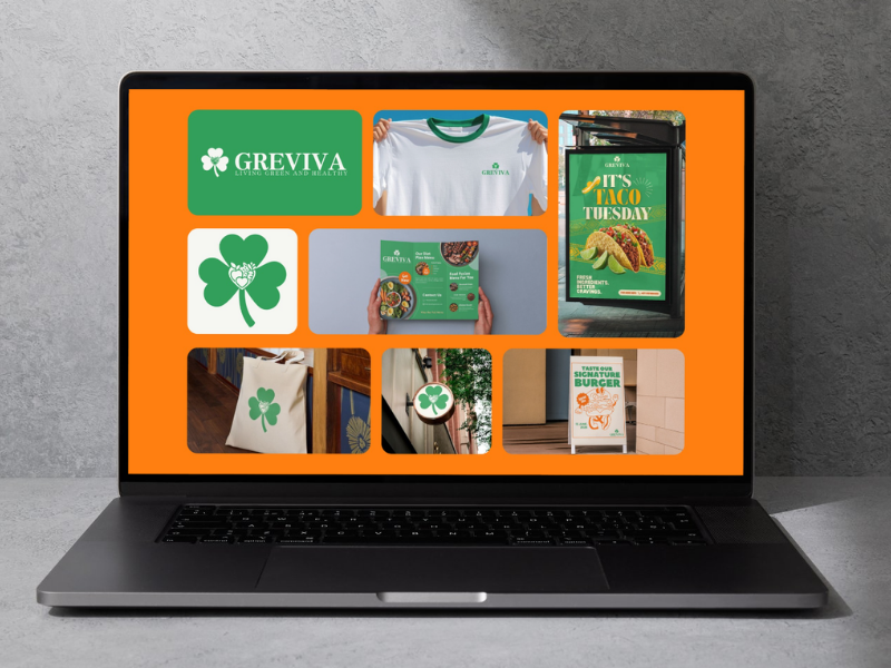 Laptop showing branding images for a food brand.