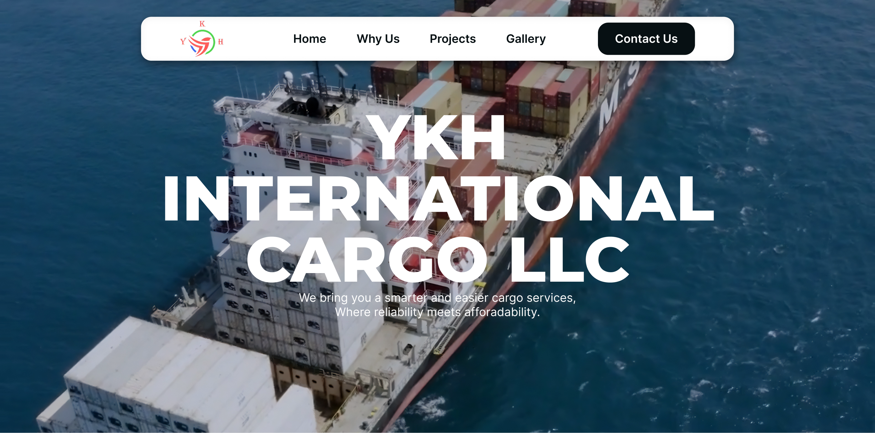 A cargo ship loaded with containers sailing on the ocean with YKH International Cargo LLC text overlay.