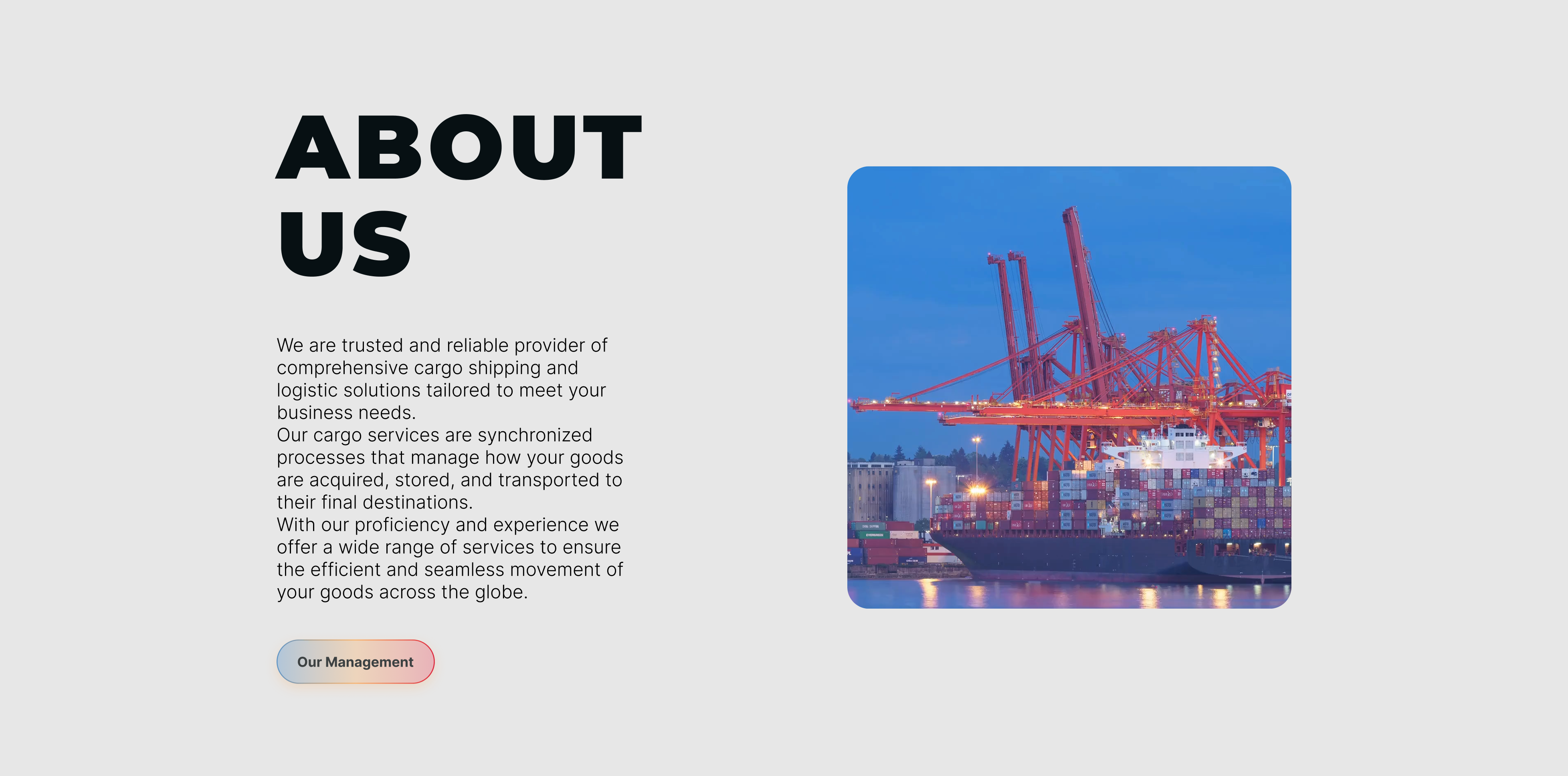 Large cargo ship loaded with containers docked at port with red cranes during twilight.