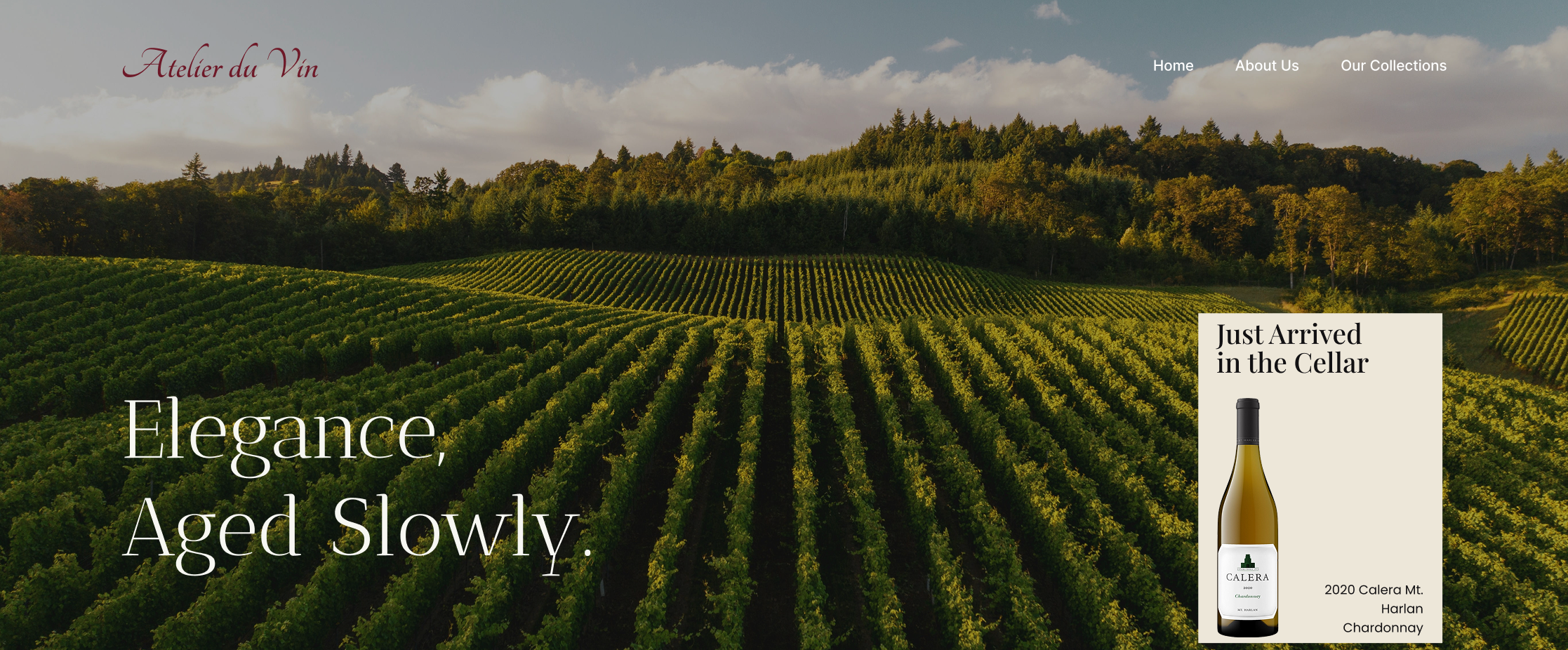 Sunlit vineyard rows under a cloudy sky with text about Calera Mt. Harlan Chardonnay wine.