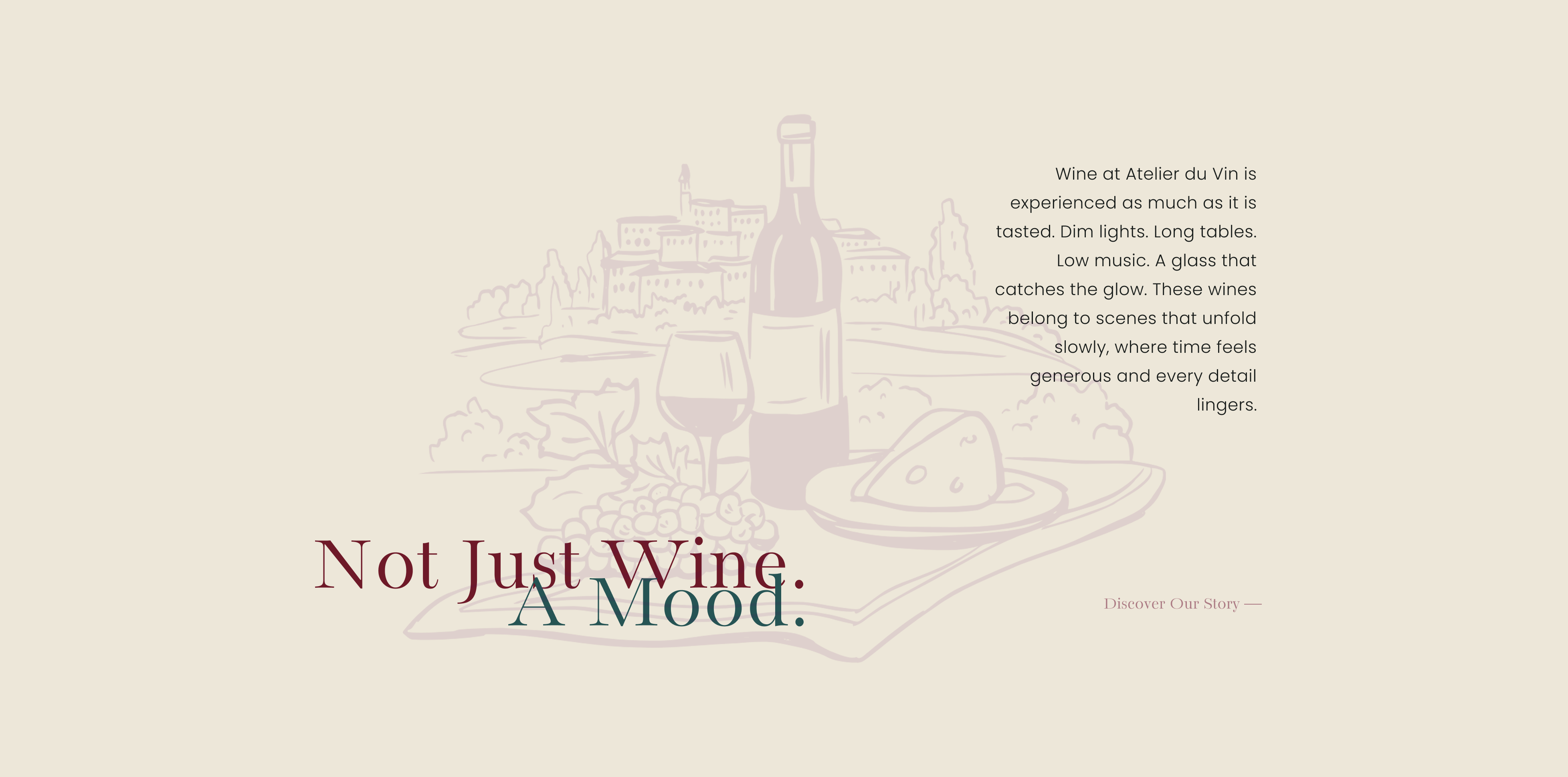 Illustration of wine bottle, glass, grapes, and cheese with text about wine experience and mood.