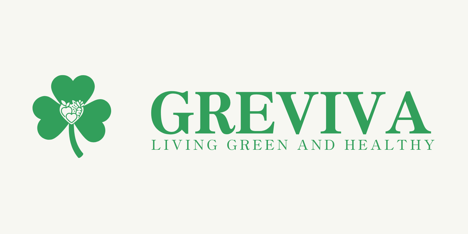 Green three-leaf clover with fruits and vegetables inside next to GREVIVA living green and healthy text.
