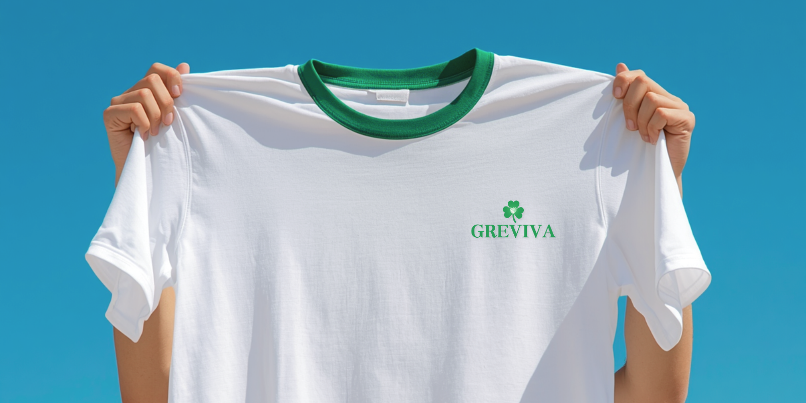 Hands holding a white t-shirt with green collar and a small green shamrock logo and GREVIVA text.