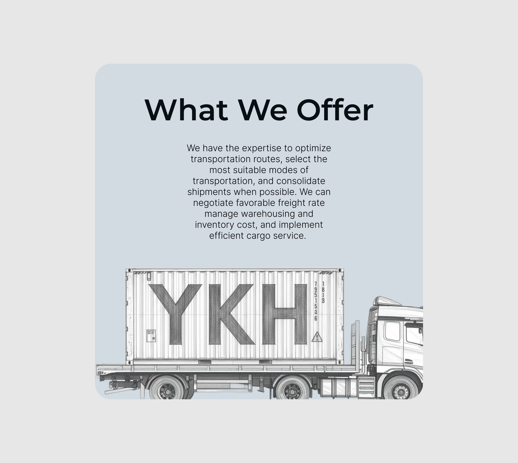 Text about optimizing transportation with an illustration of a truck carrying a container labeled YKH.