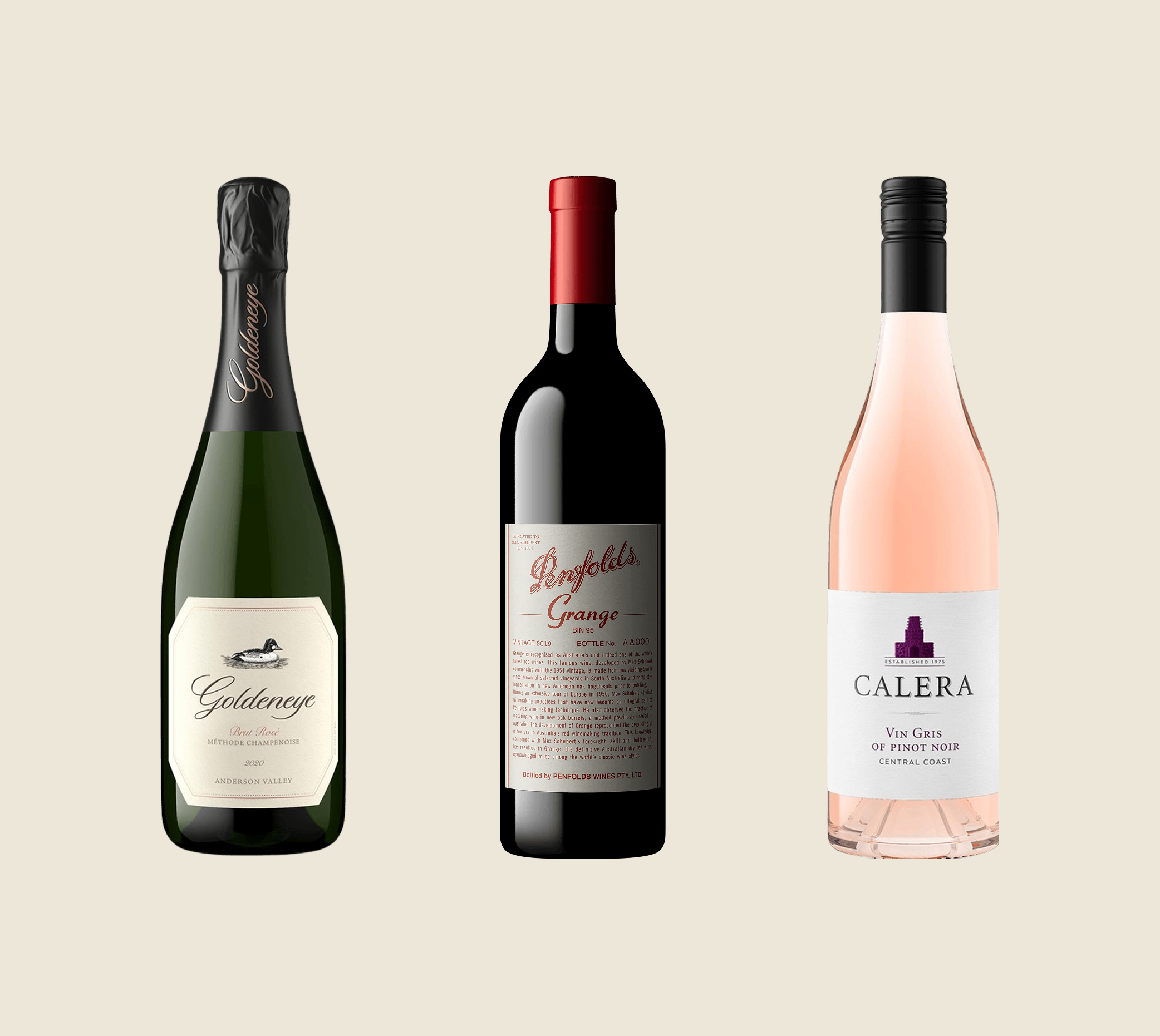Three wine bottles: Goldeneye Brut Rosé, Penfolds Grange red, and Calera Vin Gris rosé.
