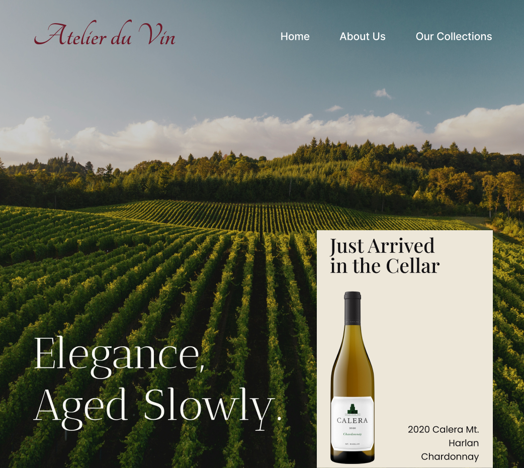 Vineyard under blue sky with text 'Elegance, Aged Slowly' and a Calera Chardonnay bottle ad.