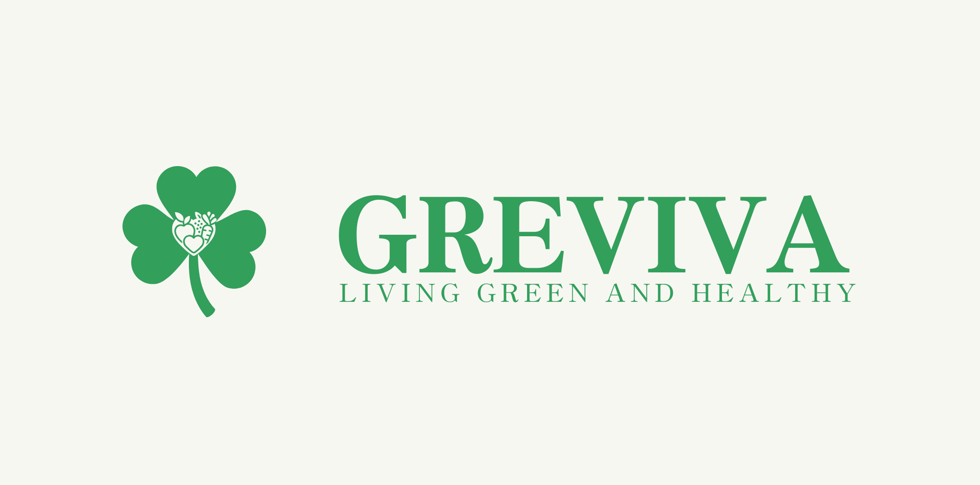 Green clover logo with fruits and vegetables inside next to GREVIVA Living Green and Healthy text.