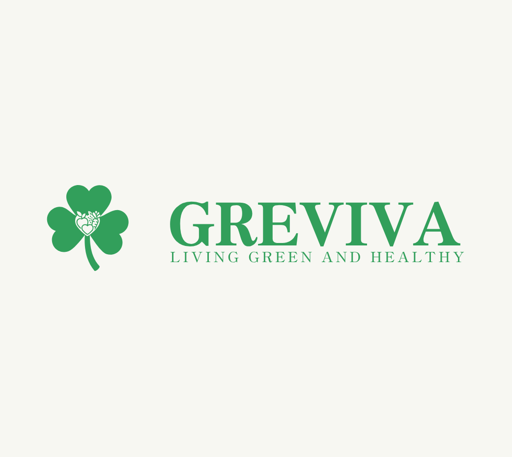 Green shamrock with fruits and heart inside, next to GREVIVA logo and tagline Living Green and Healthy.