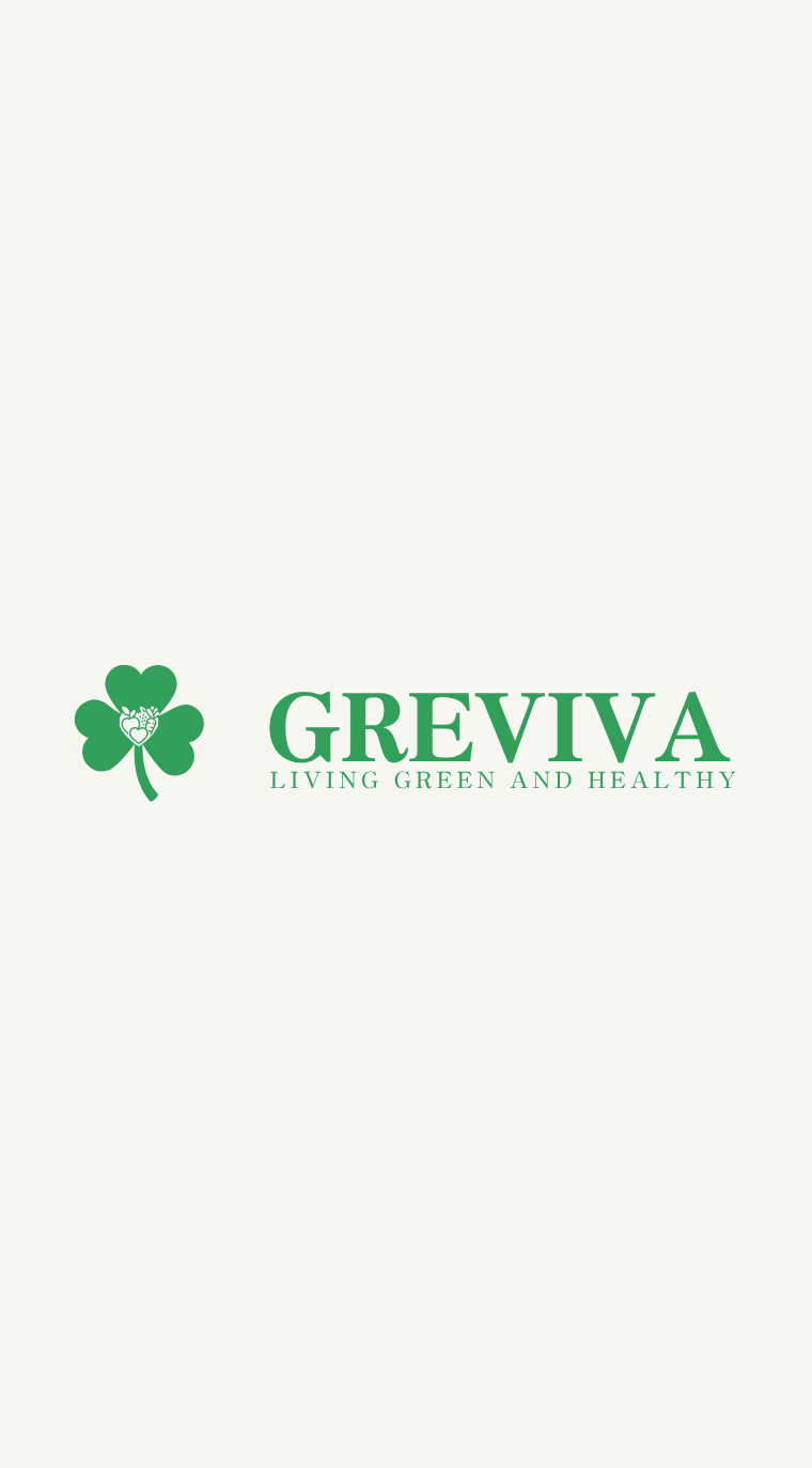Green four-leaf clover with a heart and the text GREVIVA living green and healthy.