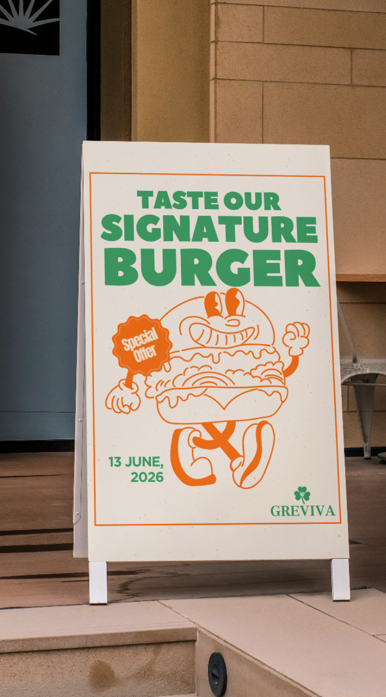 Signboard advertising a special offer for a signature burger on 13 June 2026 by Greviva.