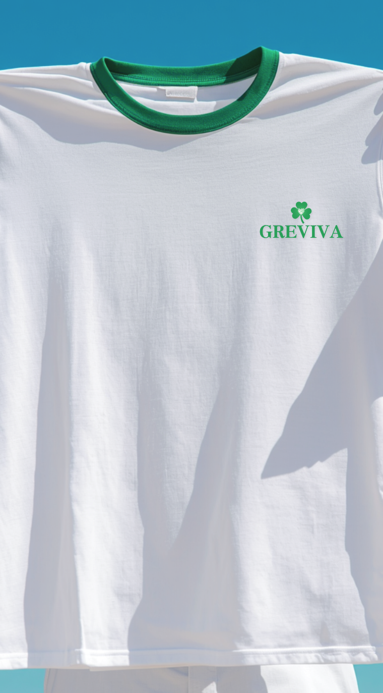 White T-shirt with green collar and Greviva logo featuring a shamrock on the chest.