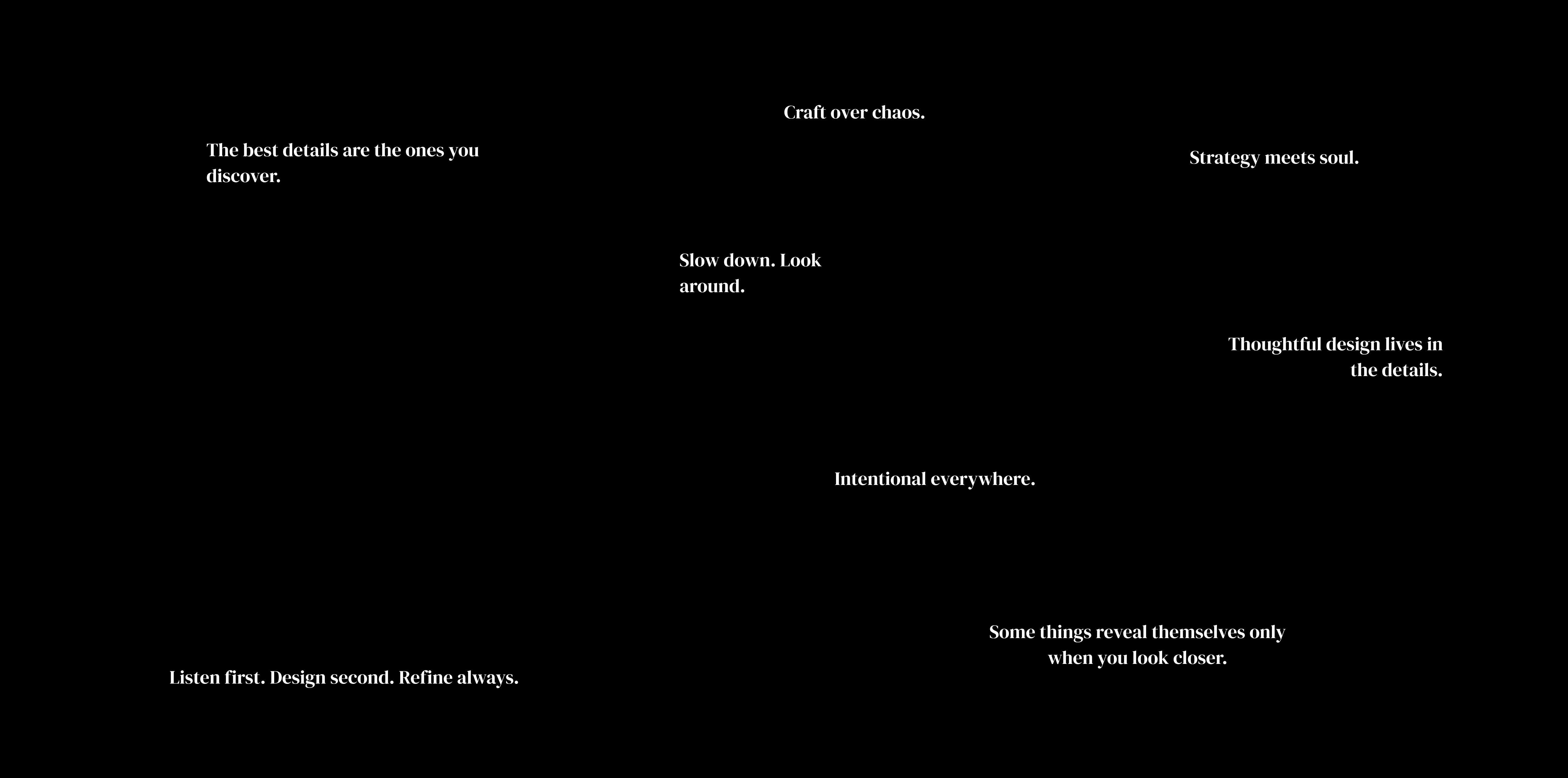 Black background with white inspirational design quotes scattered across the image.