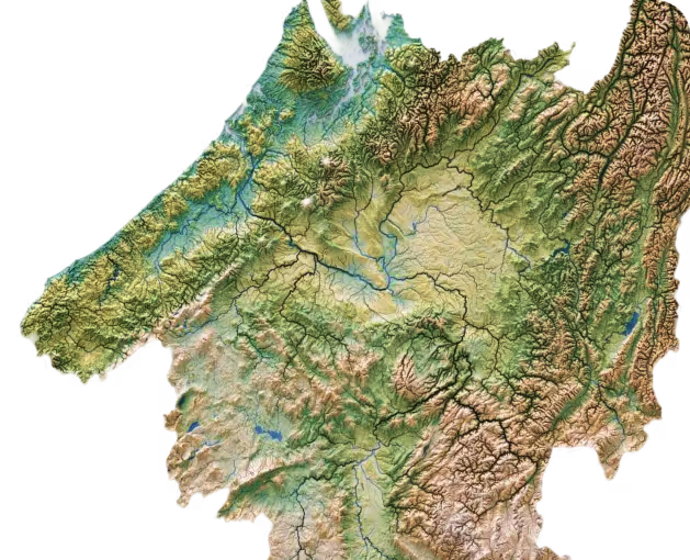 Topographic map showing varied green and brown elevations with rivers and mountain ranges.