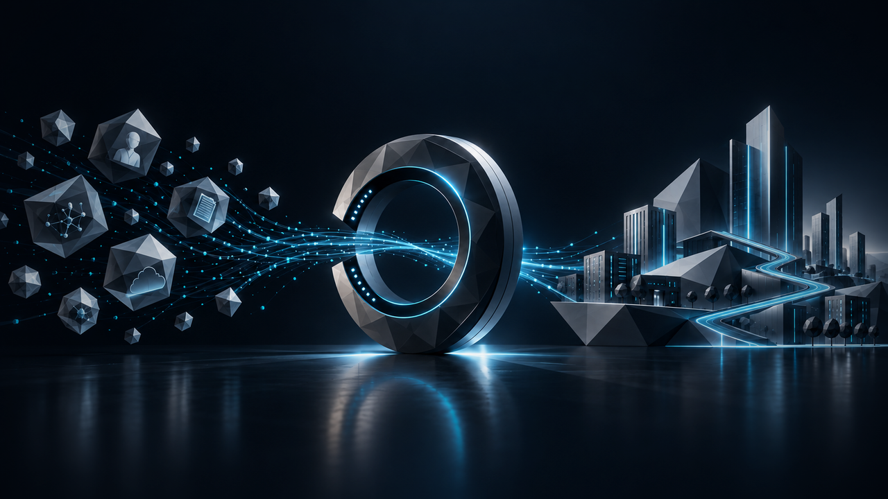 Enterprise systems and data flows converging around a shared platform core