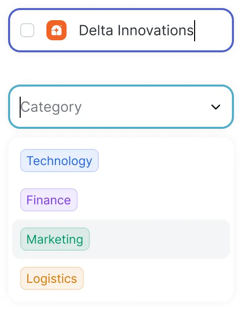 Dropdown menu showing company name Delta Innovations selected and category options Technology, Finance, Marketing, and Logistics.
