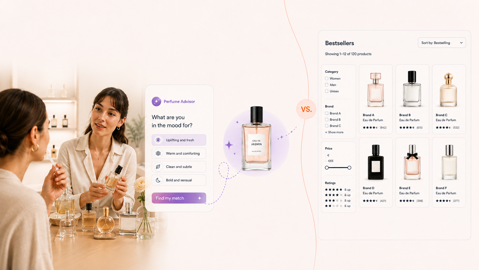 Editorial hero image showing a perfume advisor guiding a shopper, contrasted with a standard bestseller product grid