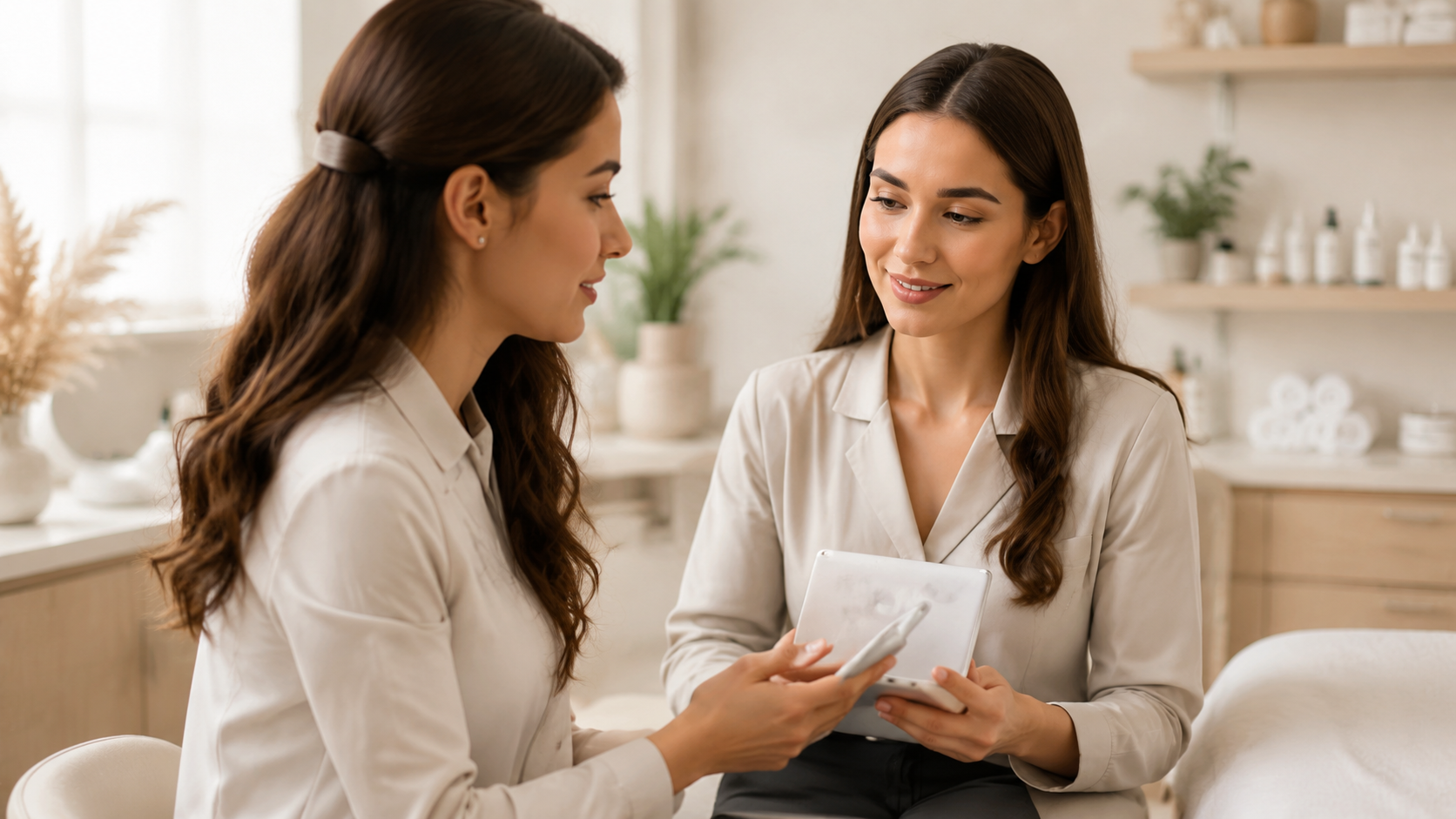 Beautician and client reviewing a consultation on tablet