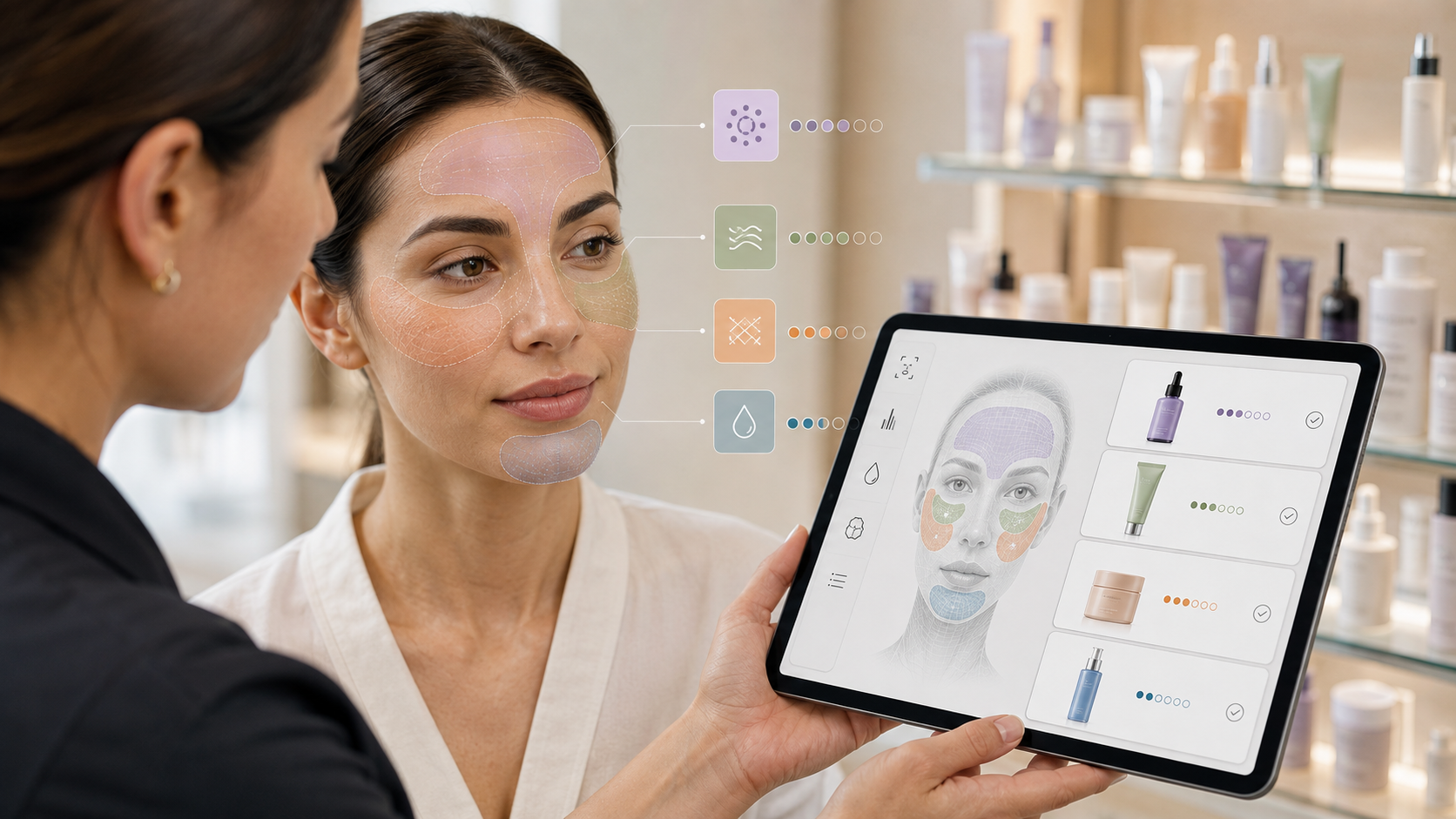 Illustration of the connected customer journey from in-salon diagnostic to home-care routine