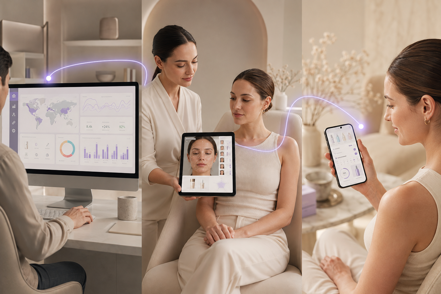 Illustration of network-level analytics dashboard for salon recommendations and conversions