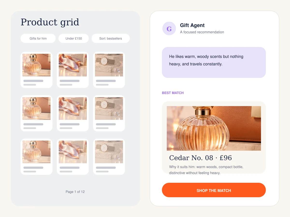 Comparison of a crowded product grid with a single explained gift recommendation from an AI agent