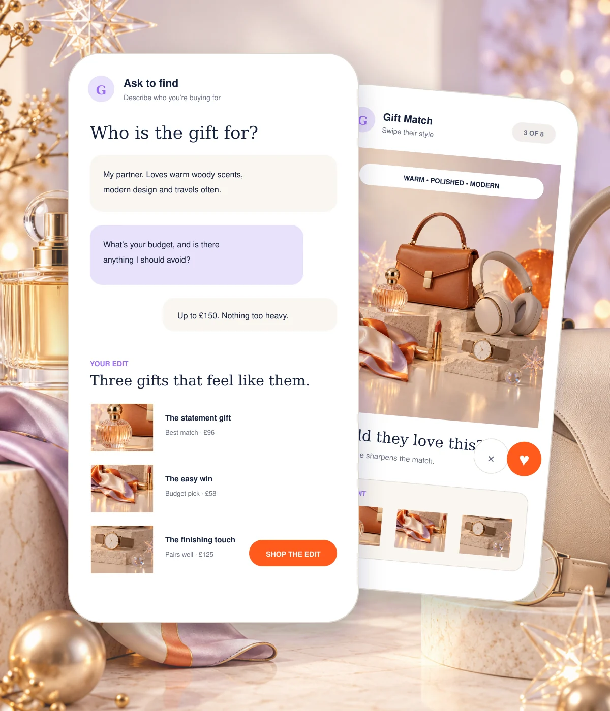Two phone screens showing ARview Gift Agent: a conversational gift finder and a swipe-based style match