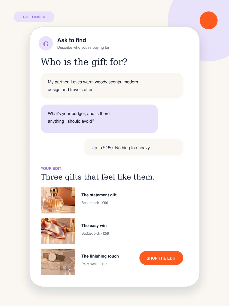 Gift Agent chat asking who the gift is for, then recommending three gifts within a £150 budget