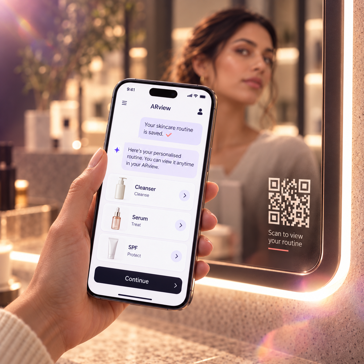 Customer continuing an ARview mirror routine on their phone via QR code