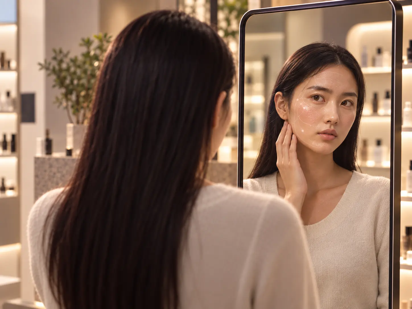Shopper using ARview Mirror Mode in a beauty store