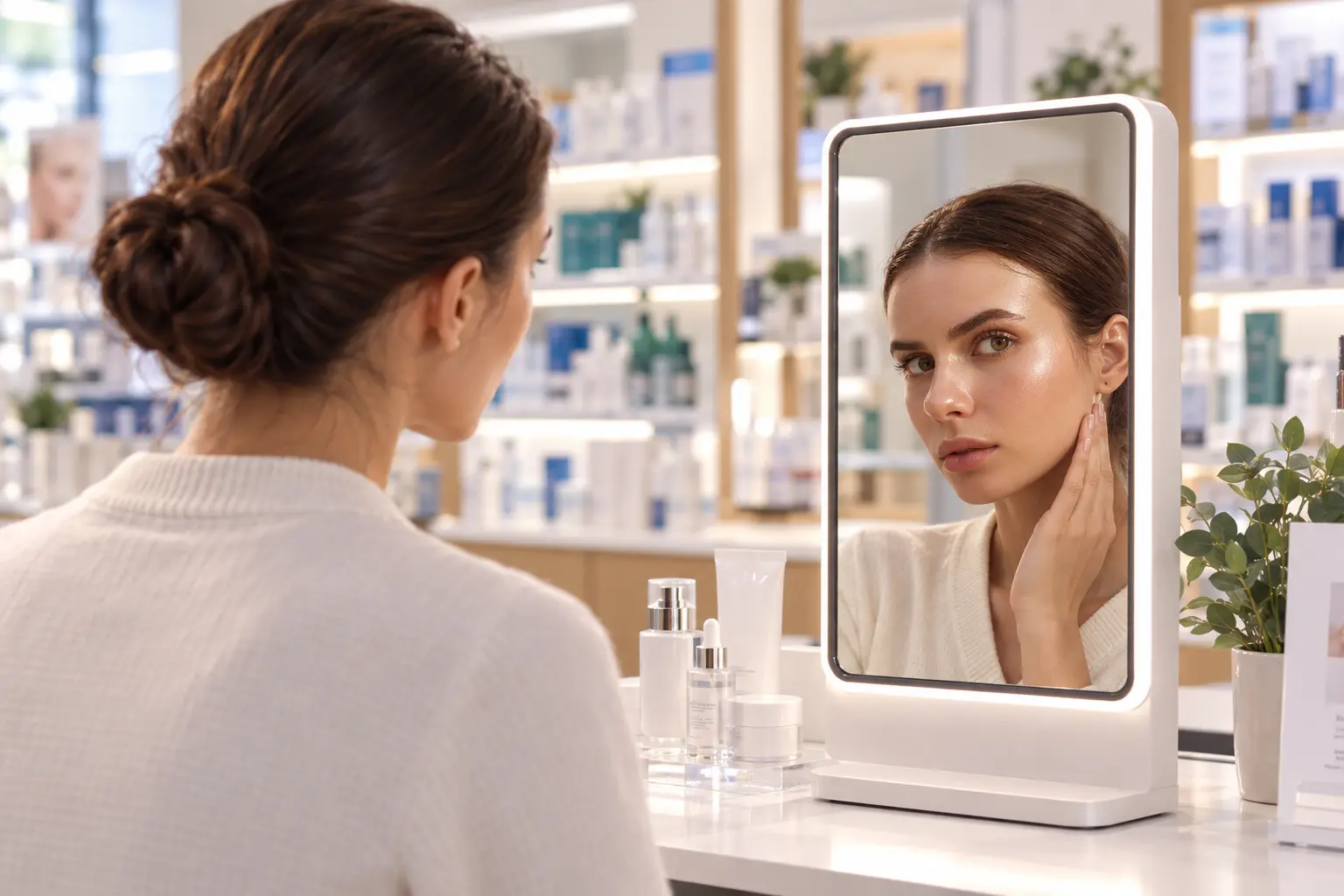 ARview mirror integrated into a warm pharmacy skincare bay