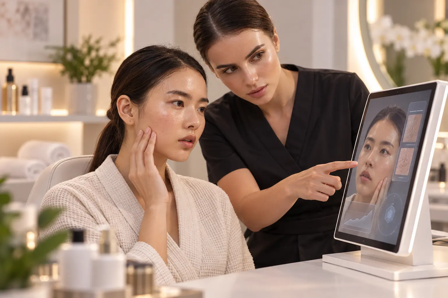 Aesthetician and client using ARview during a skincare consultation
