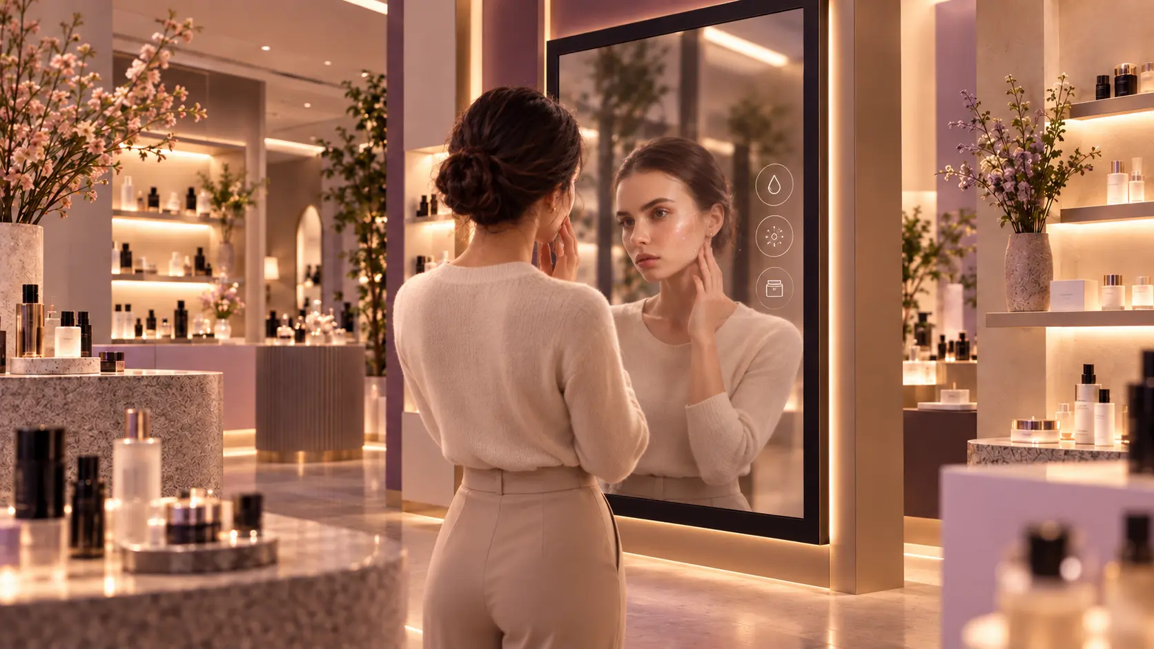 Woman using ARview Mirror Mode for an in-store skin consultation