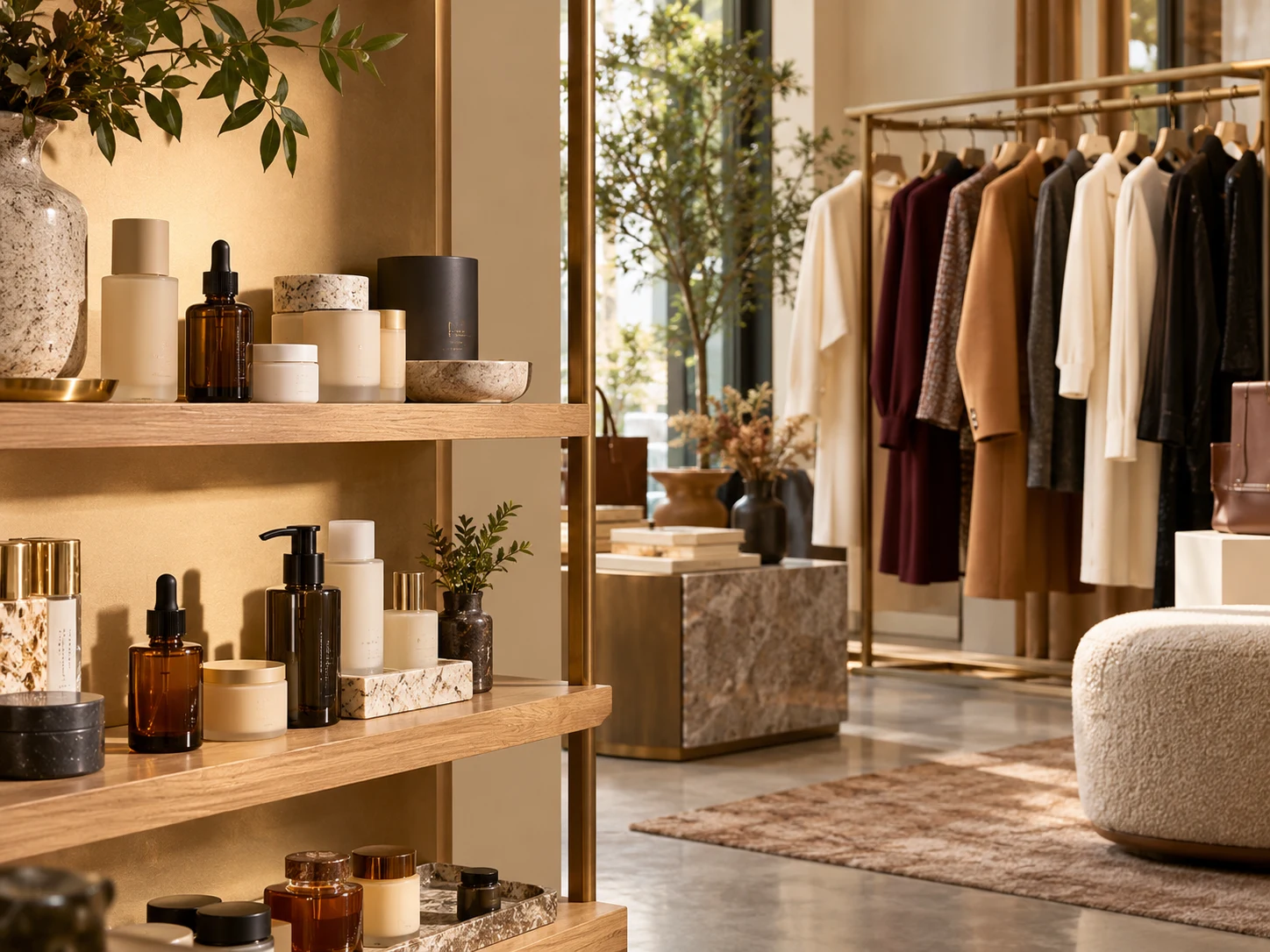 Skincare products and a clothing rail in a warmly lit boutique