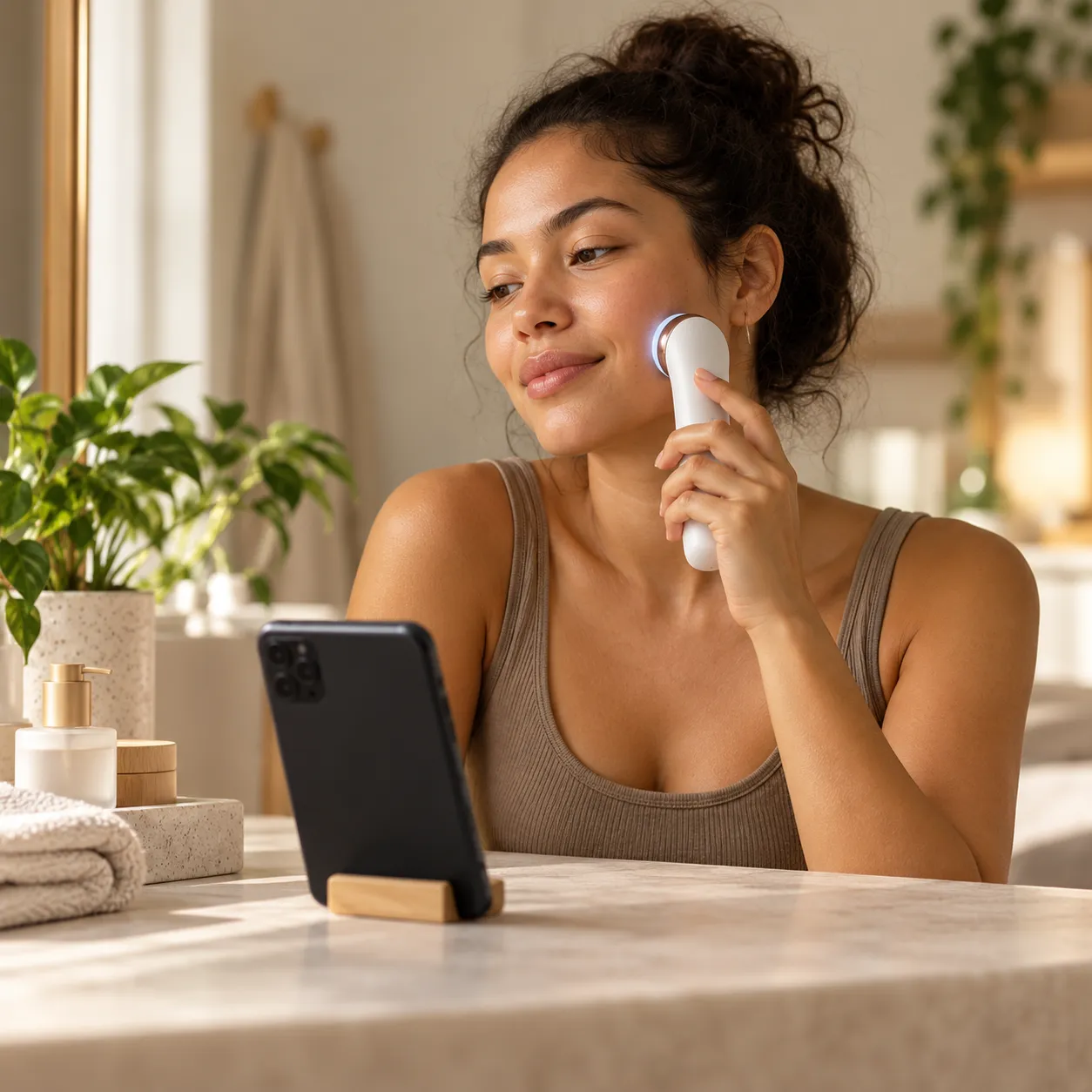 Customer using an at-home skin device with a phone nearby