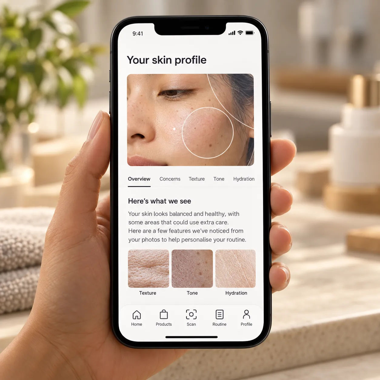 ARview seven-day skincare routine shown on a phone beside matching products