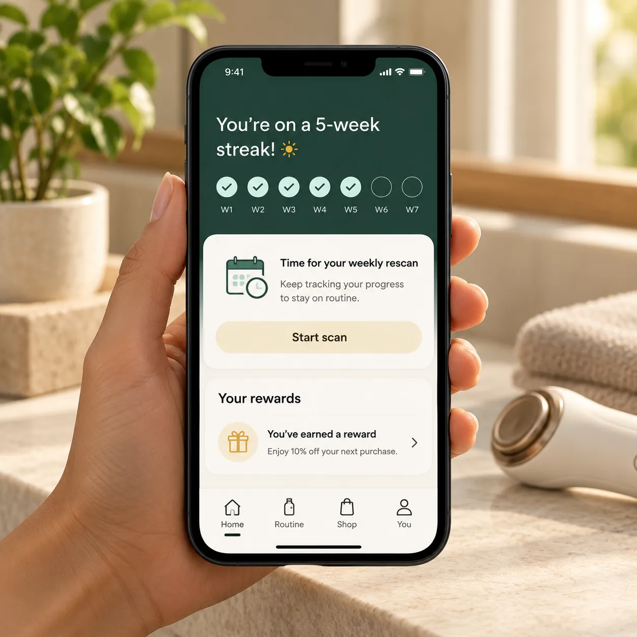 ARview progress, rescan reminder and loyalty reward on a phone