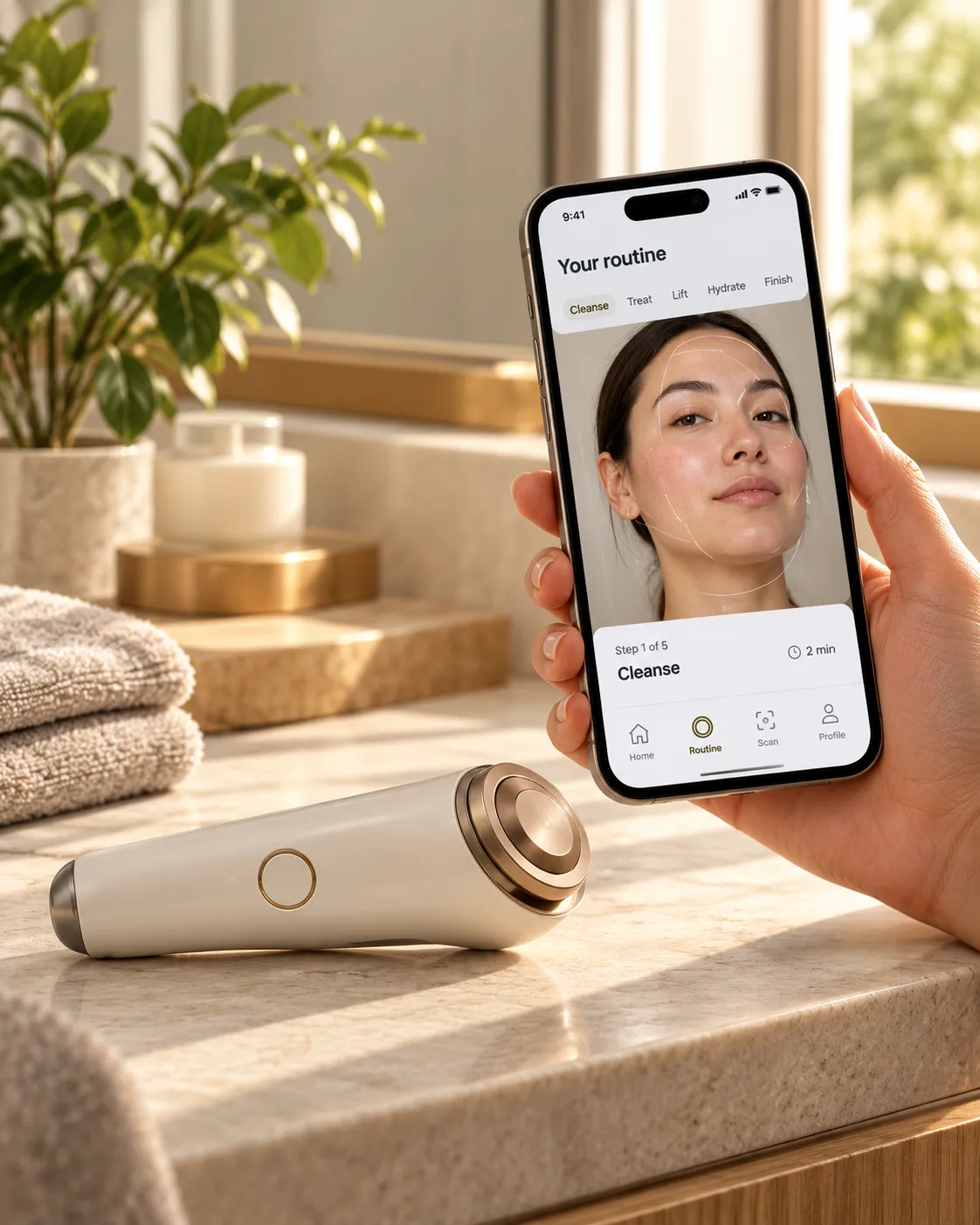 At-home skin analysis device beside a phone showing an ARview personalised routine