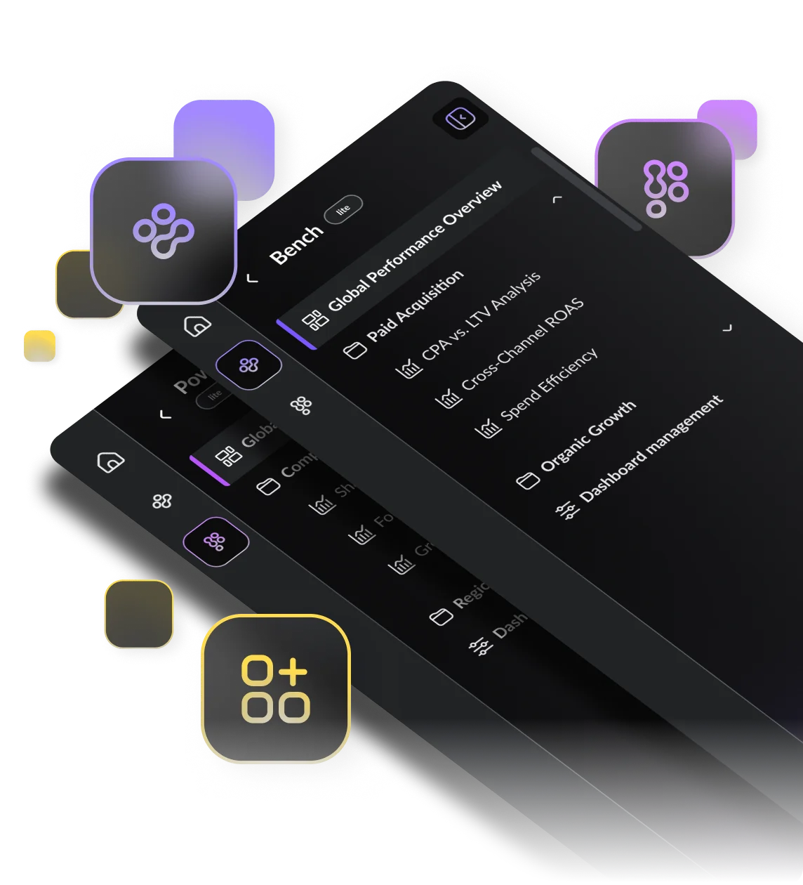 Dark mode dashboard interface for UFC Fight Pass showing data metrics like media spend $13,285,691, subs 1,983, links clicked 5,123, CPA $16,298,125, and weekly graph of subs and CPA for 2025.