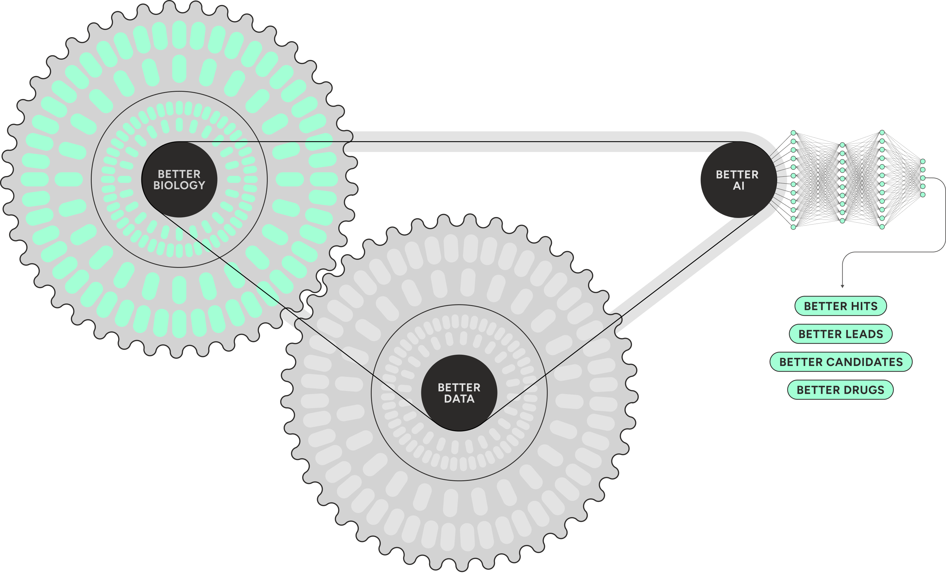 Diagram showing interconnected gears labeled Better Biology and Better Data driving Better AI, which leads to Better Hits, Better Leads, Better Candidates, and Better Drugs.