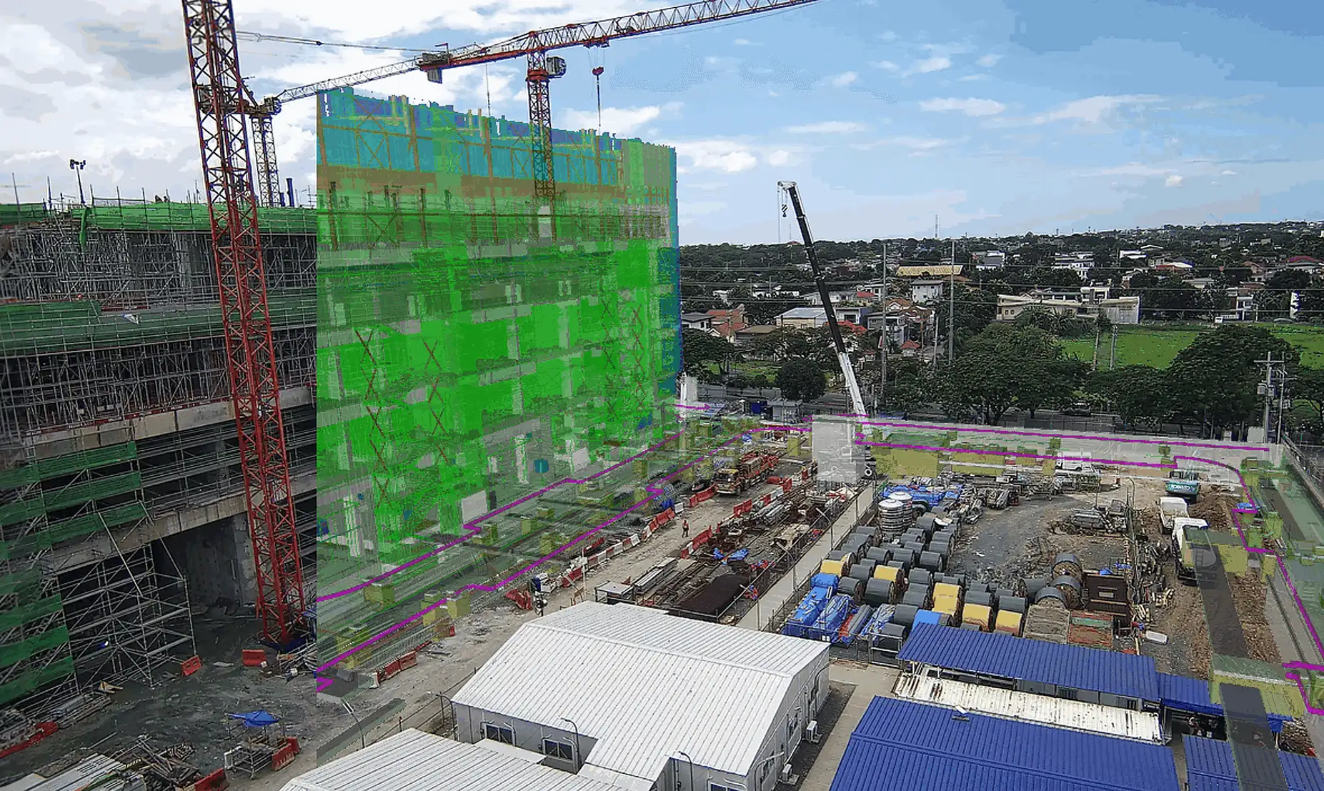 Construction site with digital overlays from camera monitoring software