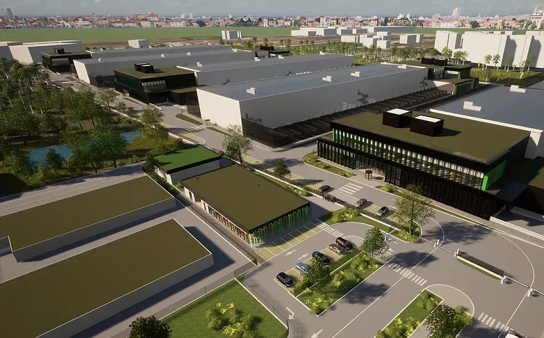 Aerial rendering of the Madrid One campus showing multiple data centre buildings, internal roads, and landscaped areas.