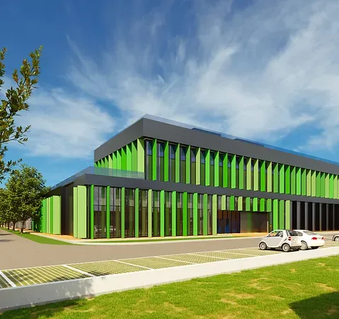 High-level masterplan rendering illustrating the scale and layout of the Madrid One data centre development within its surrounding environment.